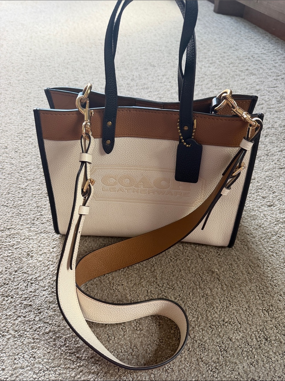 Coach Colorblock Pebbled Leather Tote — White, Tan & Black